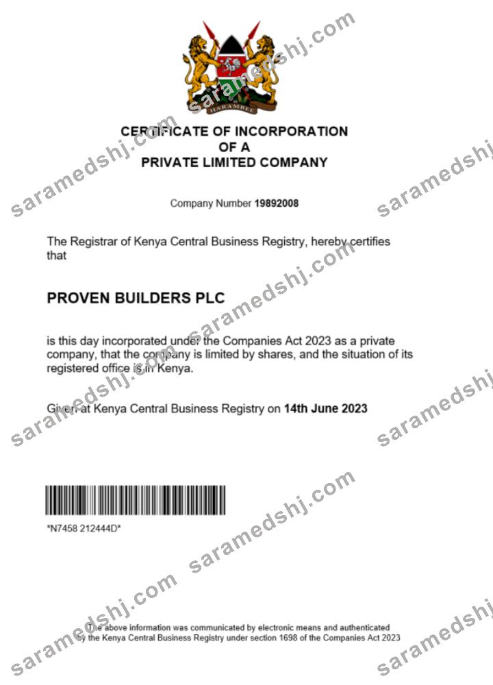 Kenya business registration certificate Word and PDF template